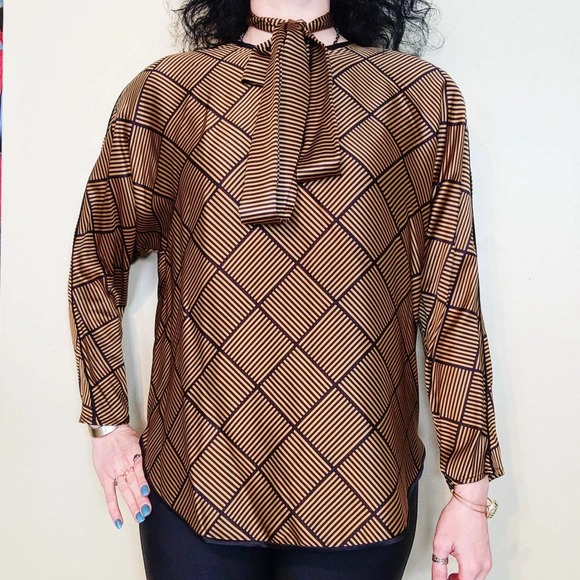 Vintage 80s Block Striped Silk Blouse - Picture 1 of 8